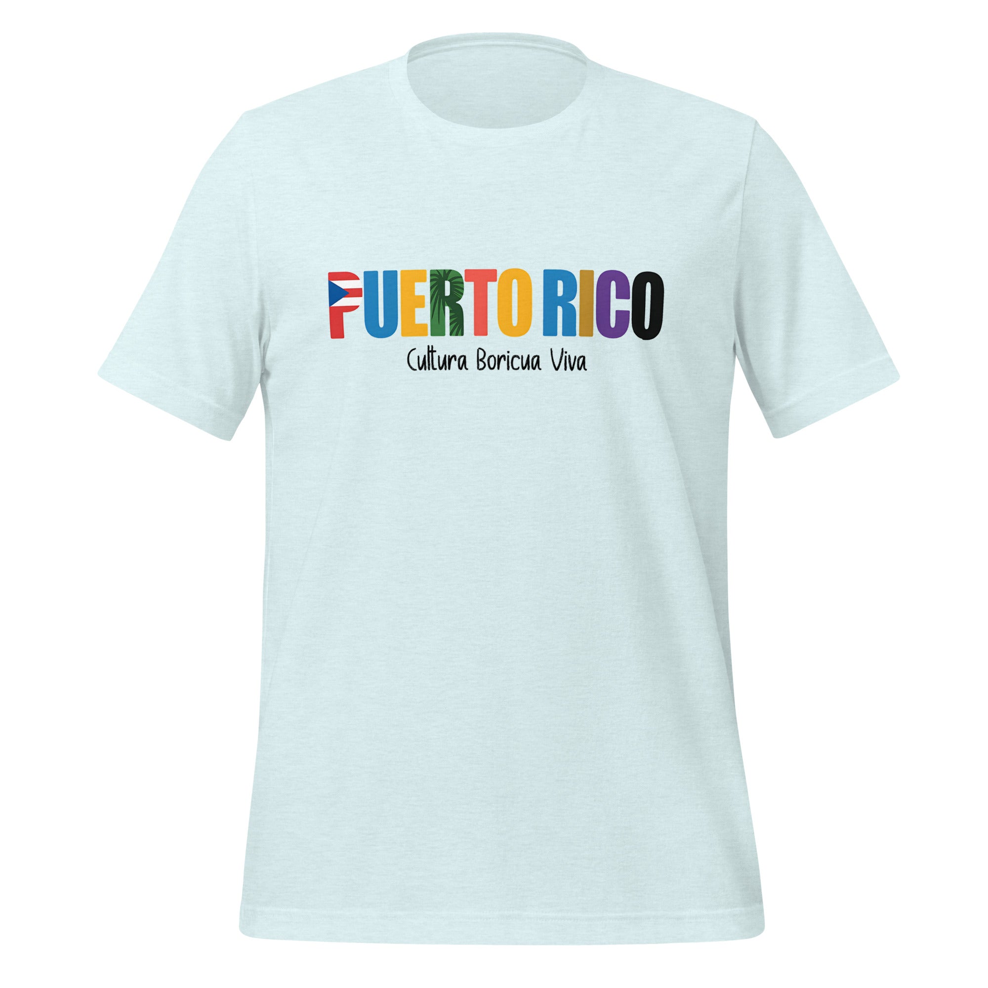 T-shirt con diseño colorido del país Puerto Rico con texto “Puerto Rico – Cultura Boricua Viva”.